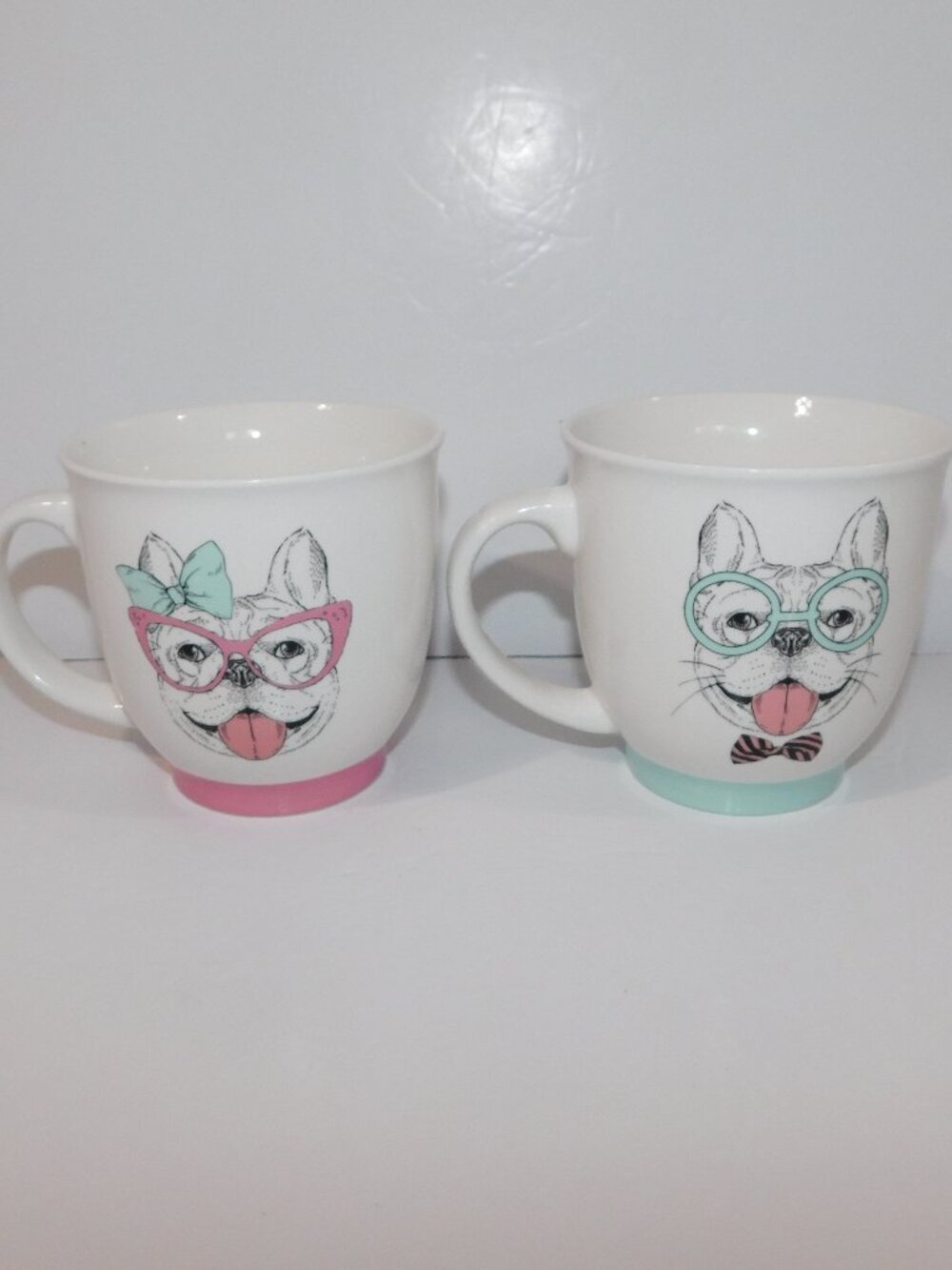 Set of 2 French Bulldog Puppy Girl Boy Glasses Blue Pink Coffee Mug Sheffield